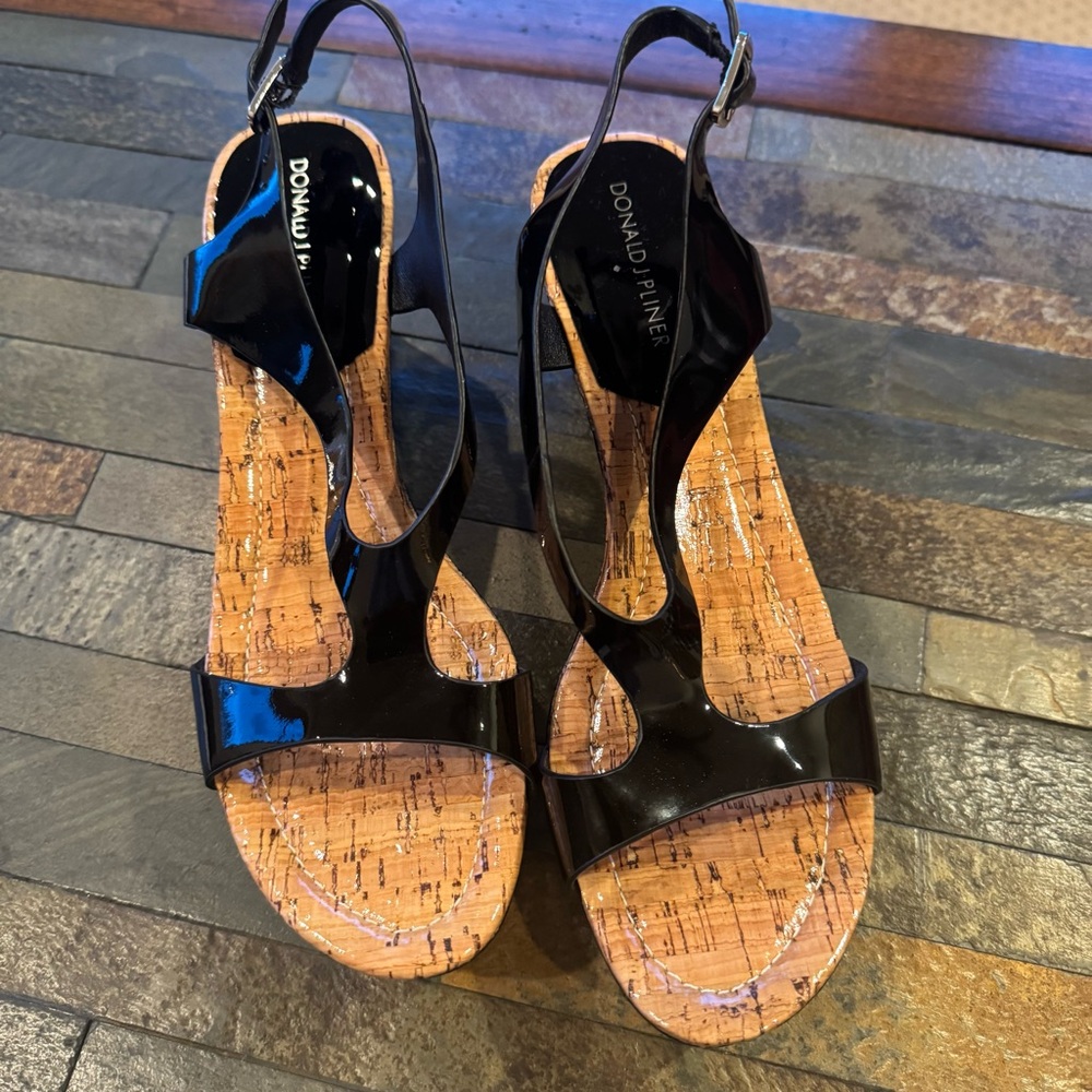 Donald J. Pliner Black Patent Cork Wedge Sandals with Ankle Strap